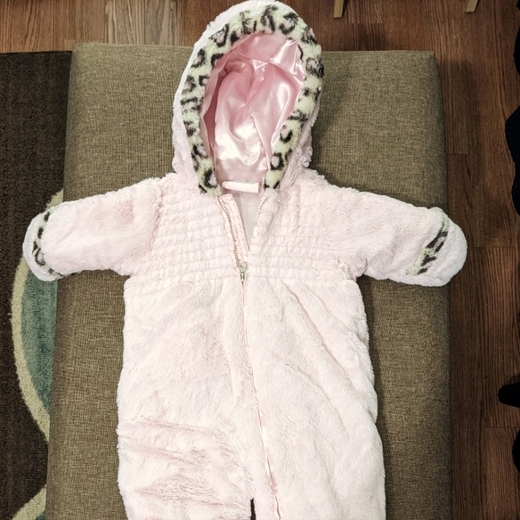 Baby girls faux snow suit. Soft pink with leopard design. Great condition. - Picture 1 of 3